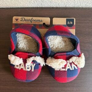 Dearfoams Baby Bear Slippers Red Navy Buffalo Plaid‎ Sherpa Lined Size 5/6 NEW